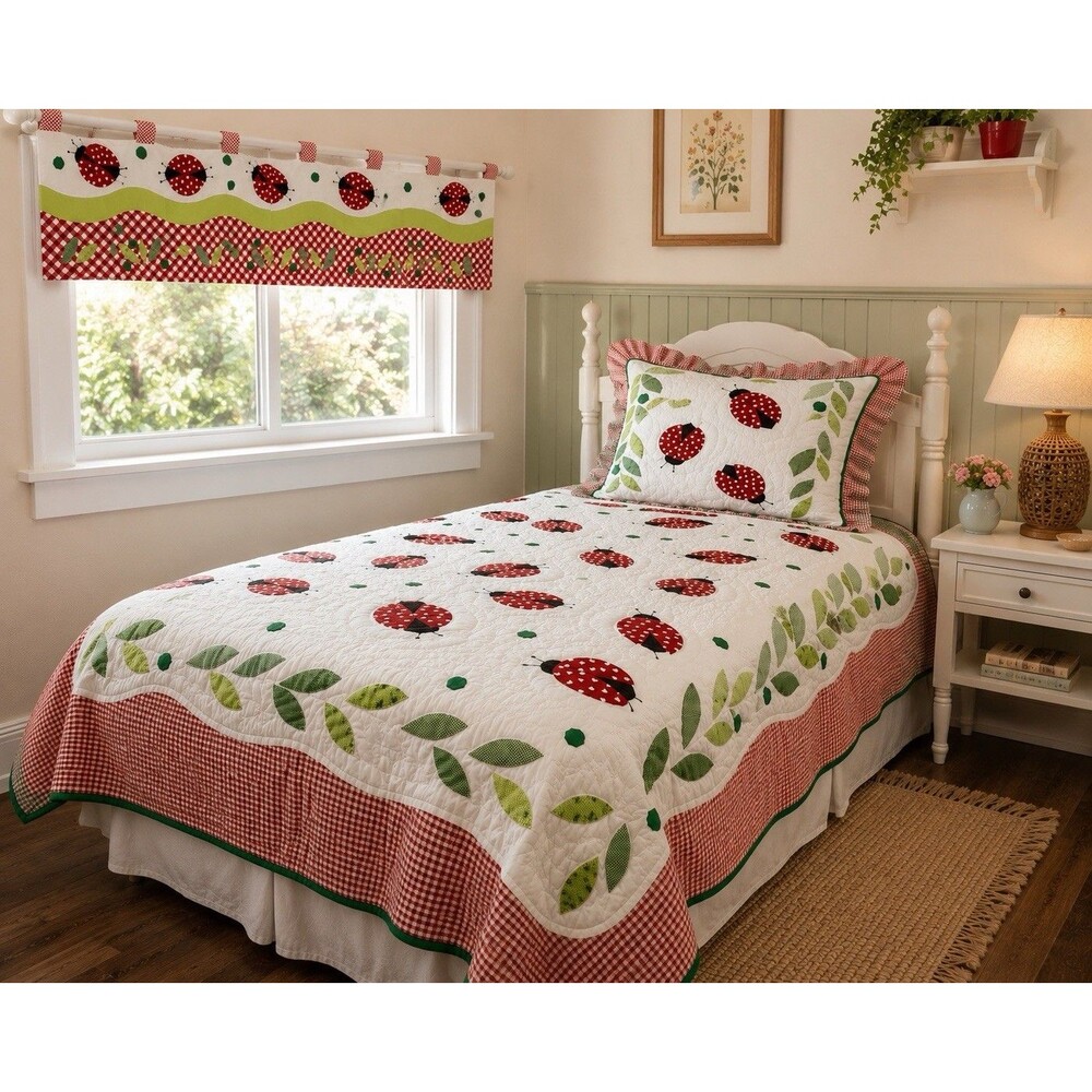 LAST ONE VTG Brittanica Ladybug 3 Piece Twin Set Bedspread Sham Valance
